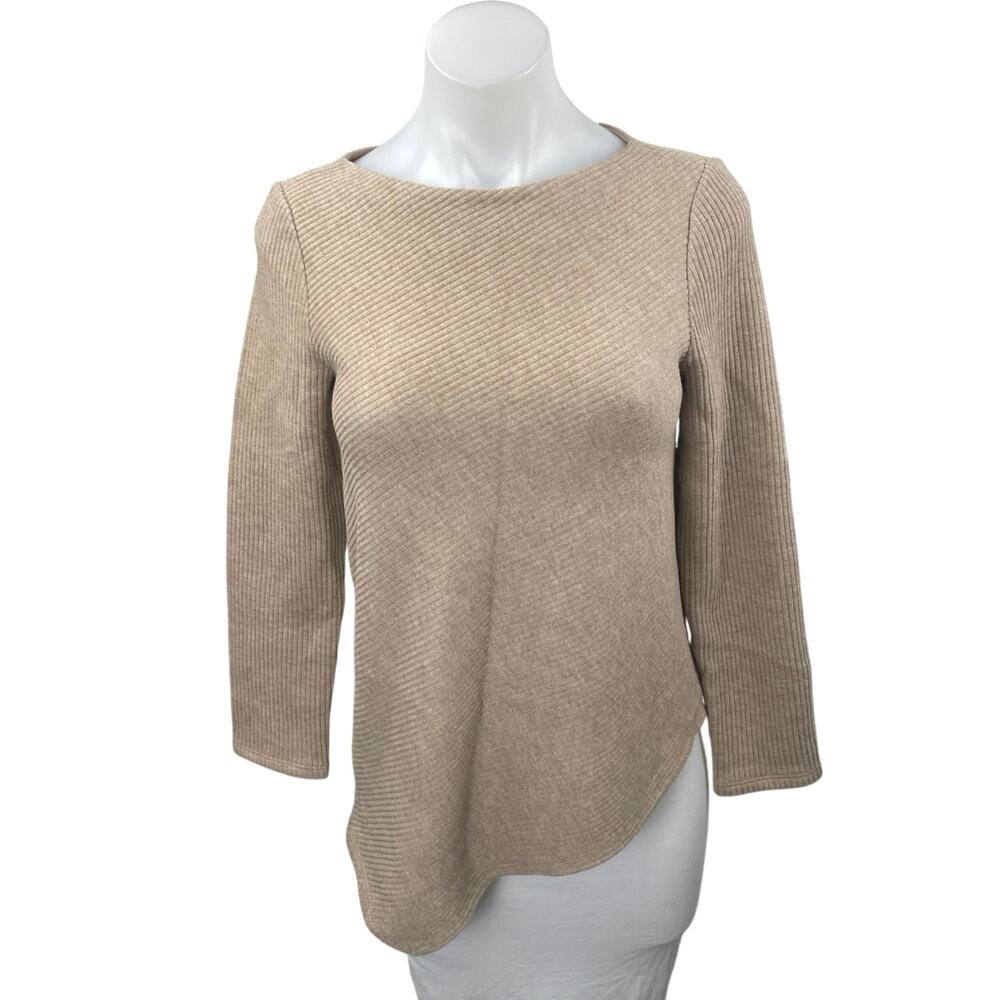 Goelia Brown Tan Rib Knit Asymmetric Hem Long Sleeve Pullover Sweater Top Size S